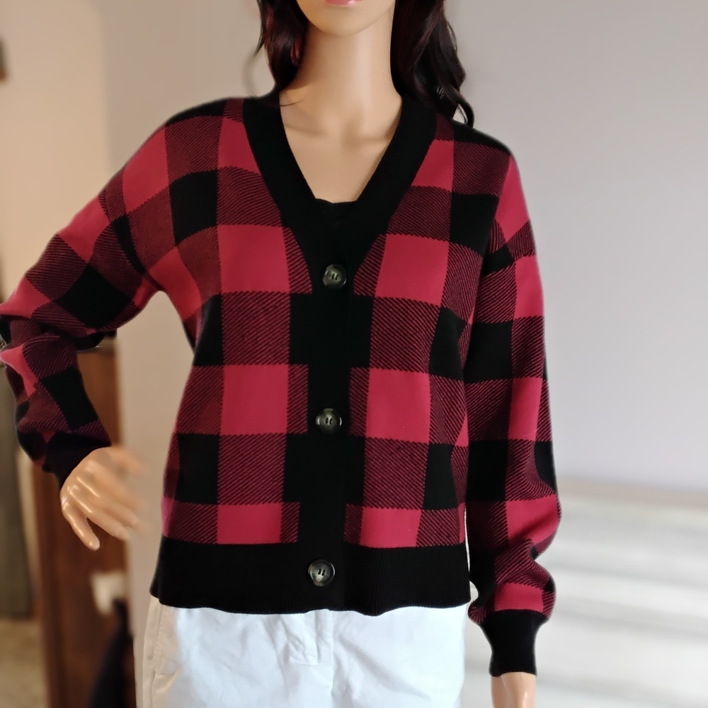 Marled Plaid Button-Up Cardigan - Pink and Black